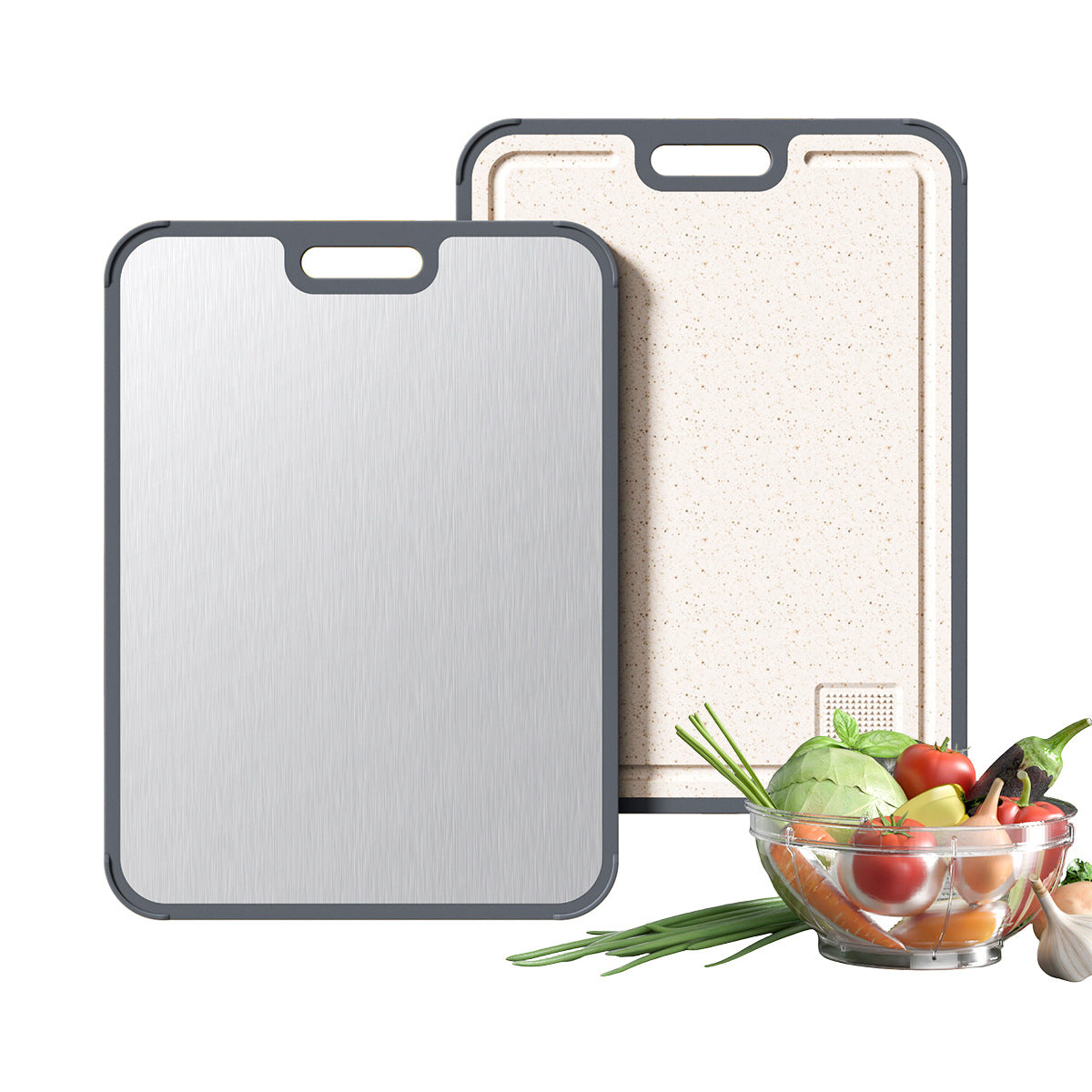 Double sided cutting board for household use with groove grinding and multifunctional vegetable cutting board