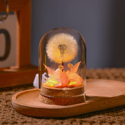 Flower Xu Night Light Dandelion Preserved Flower Bouquet in Glass Dome Birthday Gift