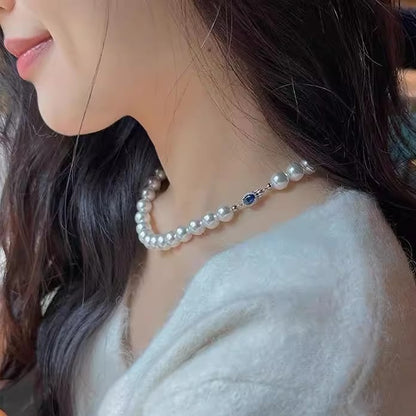 Natural Mother-of-Pearl Pearl Necklace  Silver Blue Gem Clasp High Luster Premium Quality Pearl Australian White Necklace