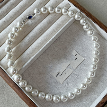 Natural Mother-of-Pearl Pearl Necklace  Silver Blue Gem Clasp High Luster Premium Quality Pearl Australian White Necklace