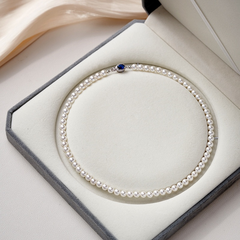 Natural Mother-of-Pearl Pearl Necklace  Silver Blue Gem Clasp High Luster Premium Quality Pearl Australian White Necklace