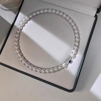 Natural Mother-of-Pearl Pearl Necklace  Silver Blue Gem Clasp High Luster Premium Quality Pearl Australian White Necklace