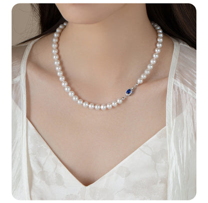 Natural Mother-of-Pearl Pearl Necklace  Silver Blue Gem Clasp High Luster Premium Quality Pearl Australian White Necklace