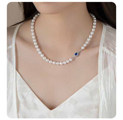 Natural Mother-of-Pearl Pearl Necklace  Silver Blue Gem Clasp High Luster Premium Quality Pearl Australian White Necklace
