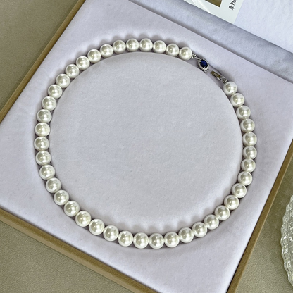 Natural Mother-of-Pearl Pearl Necklace  Silver Blue Gem Clasp High Luster Premium Quality Pearl Australian White Necklace