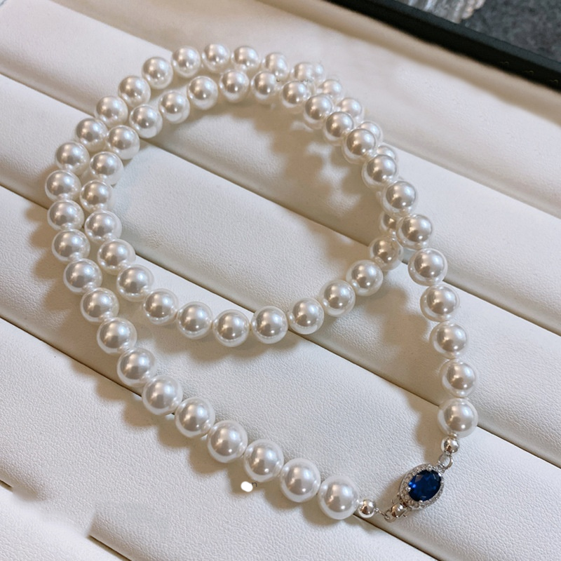 Natural Mother-of-Pearl Pearl Necklace  Silver Blue Gem Clasp High Luster Premium Quality Pearl Australian White Necklace