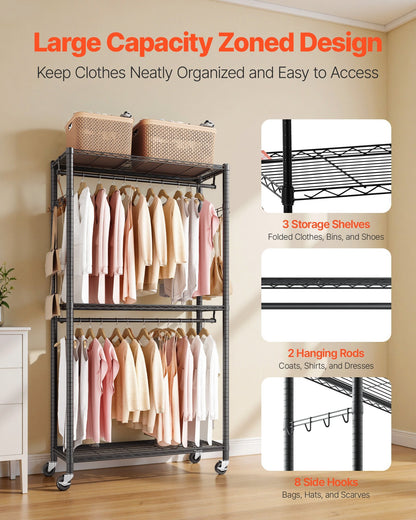 Rolling Clothes Rack, Heavy Duty Clothing Garment Rack, 3 Adjustable Tiers Clothing Racks with Carbon Steel, 450 lbs Load Capacity Closet Wardrobe for Bedroom, Clothing Store, Hallway