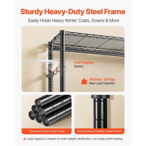 Rolling Clothes Rack, Heavy Duty Clothing Garment Rack, 3 Adjustable Tiers Clothing Racks with Carbon Steel, 450 lbs Load Capacity Closet Wardrobe for Bedroom, Clothing Store, Hallway