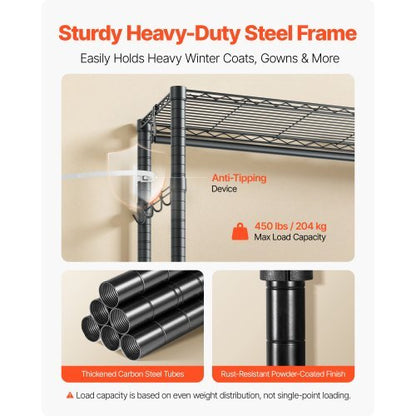 Rolling Clothes Rack, Heavy Duty Clothing Garment Rack, 3 Adjustable Tiers Clothing Racks with Carbon Steel, 450 lbs Load Capacity Closet Wardrobe for Bedroom, Clothing Store, Hallway