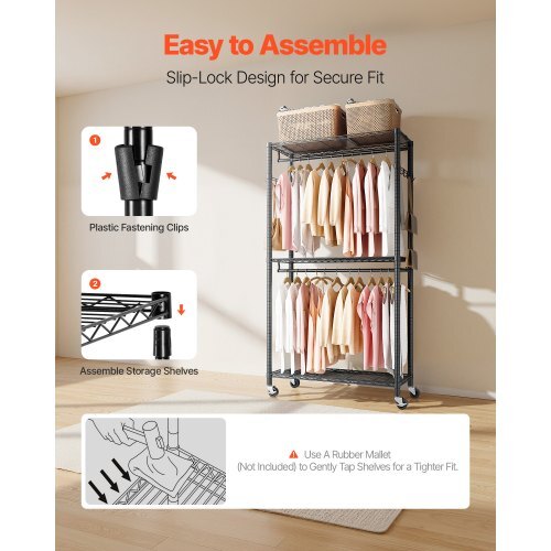 Rolling Clothes Rack, Heavy Duty Clothing Garment Rack, 3 Adjustable Tiers Clothing Racks with Carbon Steel, 450 lbs Load Capacity Closet Wardrobe for Bedroom, Clothing Store, Hallway