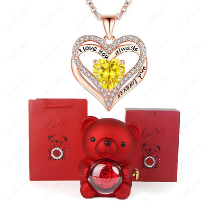Heart Pendant Necklace Cute Red Bear Rose Gift Box Jewellery Gift Valentines Day