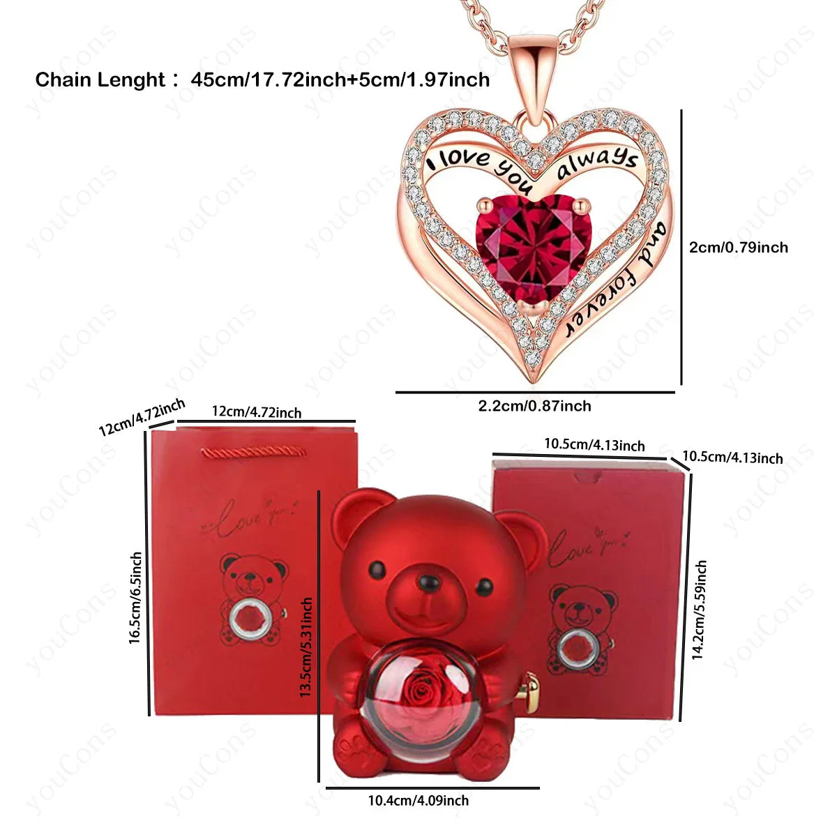 Heart Pendant Necklace Cute Red Bear Rose Gift Box Jewellery Gift Valentines Day