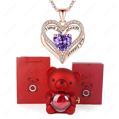 Heart Pendant Necklace Cute Red Bear Rose Gift Box Jewellery Gift Valentines Day