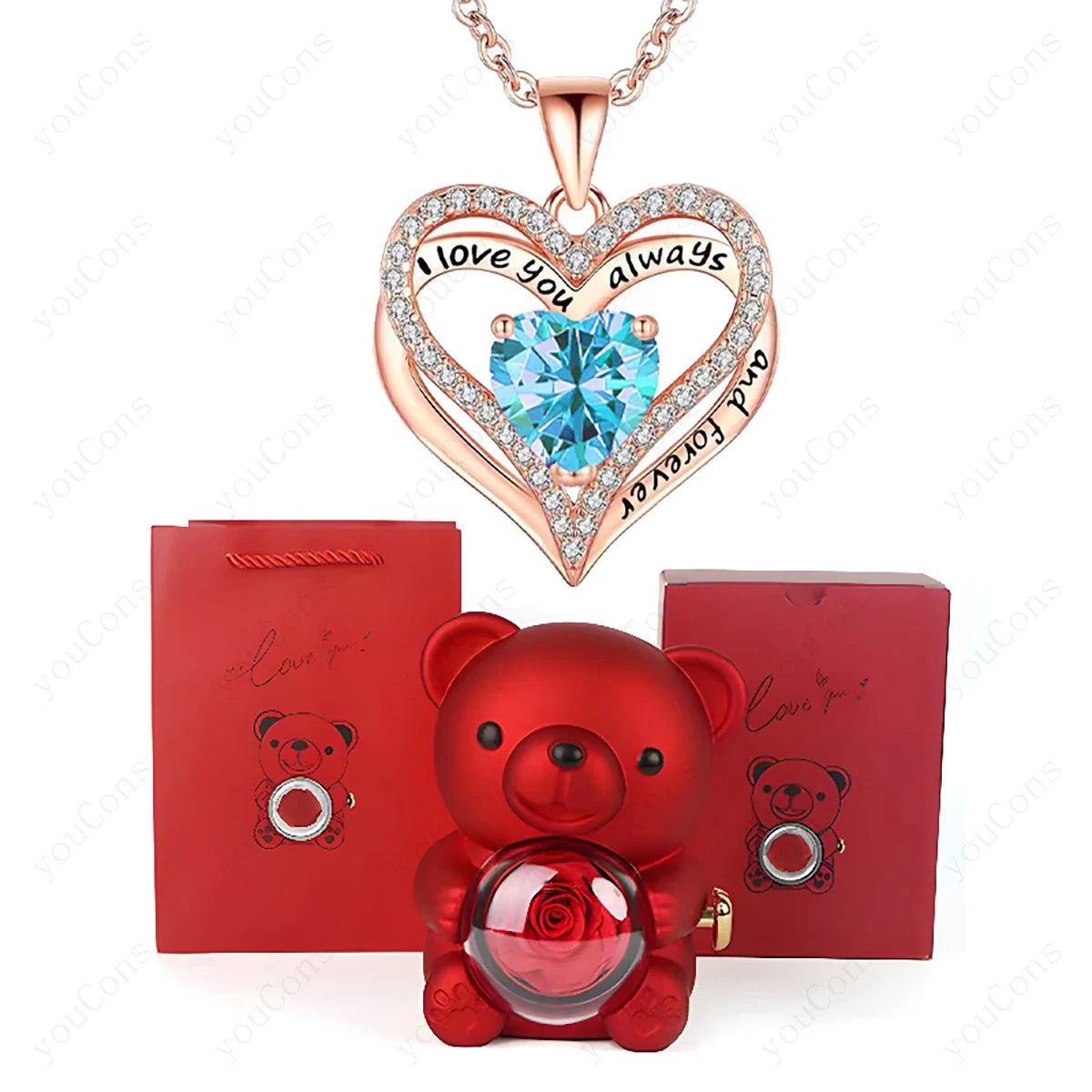 Heart Pendant Necklace Cute Red Bear Rose Gift Box Jewellery Gift Valentines Day