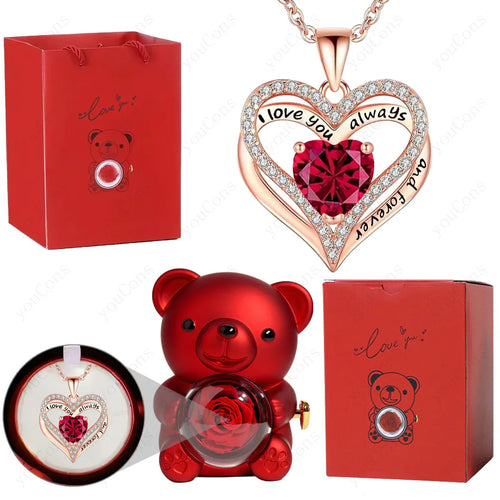 Heart Pendant Necklace Cute Red Bear Rose Gift Box Jewellery Gift Valentines Day