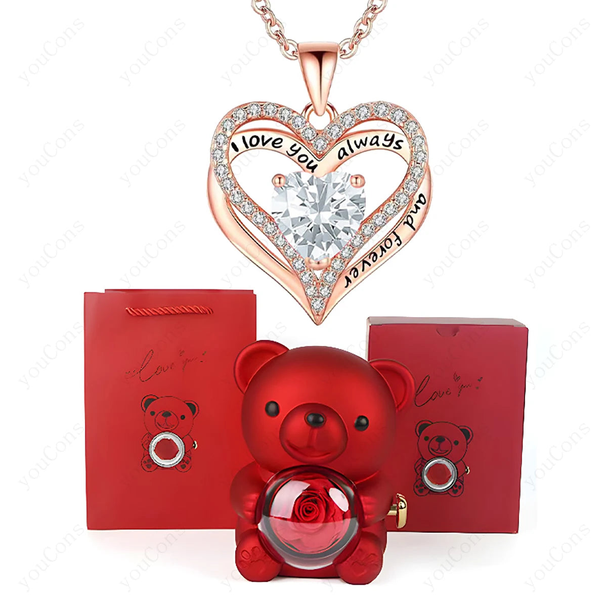 Heart Pendant Necklace Cute Red Bear Rose Gift Box Jewellery Gift Valentines Day